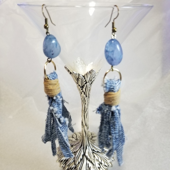 Blue Dyed Quartz Crystal, Denim and Leather Drop Earrings 4" - Picture 4 of 6